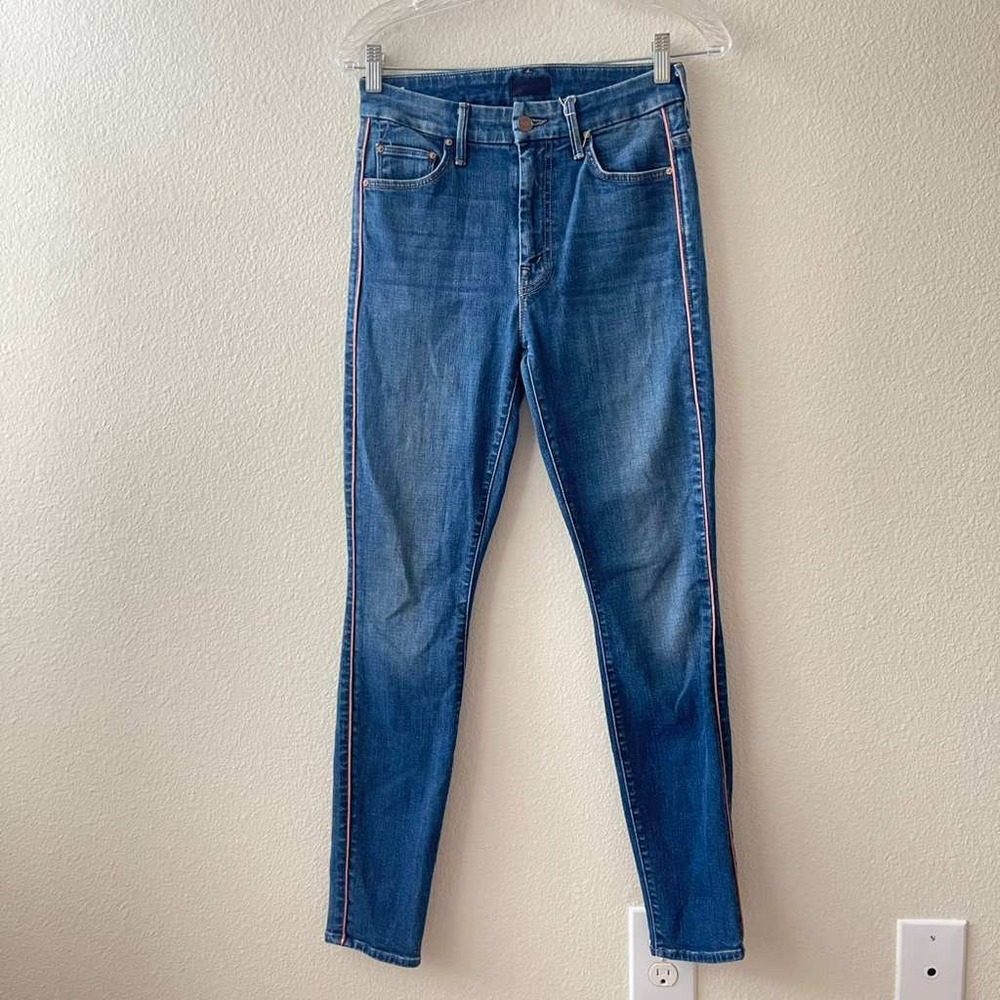 Mother High Waisted Looker Skinny Jeans‎ Blue Pink Side Stripe Size 26